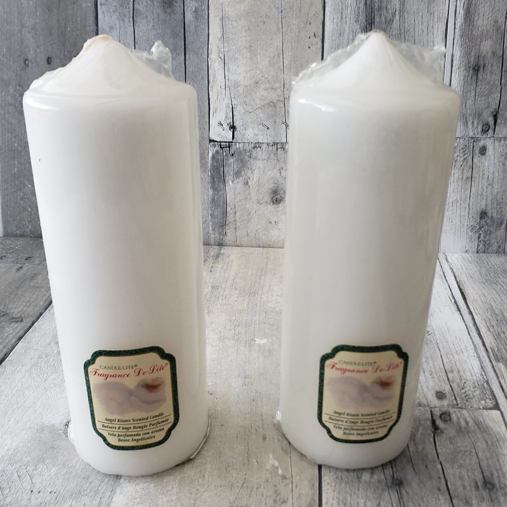 Sealed (set of 2) Wax Burning 2.8" X 8" White Pillar Candles - Angel Kiss Scent